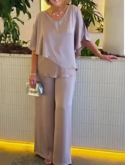 Discount Women's Fashion Streetwear Daily Blouse Wide Leg Pants 3/4 Length Sleeve V Neck Plain Ruffle Casual Daily Pink Purple Khaki Spring & Fall Regular Fit Women Two Piece Sets