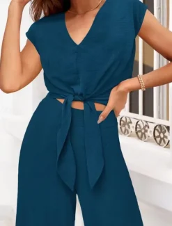 Discount Women's Fashion Streetwear Daily Pants Sets Short Sleeve V Neck Solid Color Lace up Casual Daily Black Dark Navy Navy Blue Summer Regular Fit Women Two Piece Sets