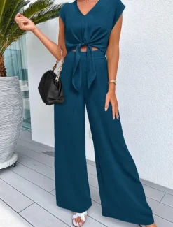 Discount Women's Fashion Streetwear Daily Pants Sets Short Sleeve V Neck Solid Color Lace up Casual Daily Black Dark Navy Navy Blue Summer Regular Fit Women Two Piece Sets