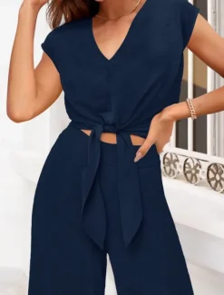 Discount Women's Fashion Streetwear Daily Pants Sets Short Sleeve V Neck Solid Color Lace up Casual Daily Black Dark Navy Navy Blue Summer Regular Fit Women Two Piece Sets