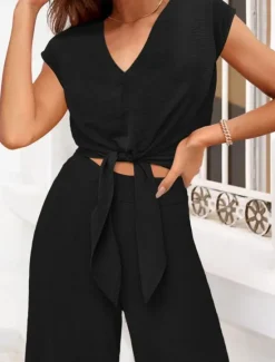 Discount Women's Fashion Streetwear Daily Pants Sets Short Sleeve V Neck Solid Color Lace up Casual Daily Black Dark Navy Navy Blue Summer Regular Fit Women Two Piece Sets
