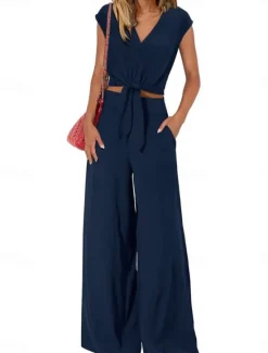 Discount Women's Fashion Streetwear Daily Pants Sets Short Sleeve V Neck Solid Color Lace up Casual Daily Black Dark Navy Navy Blue Summer Regular Fit Women Two Piece Sets
