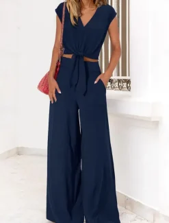 Discount Women's Fashion Streetwear Daily Pants Sets Short Sleeve V Neck Solid Color Lace up Casual Daily Black Dark Navy Navy Blue Summer Regular Fit Women Two Piece Sets