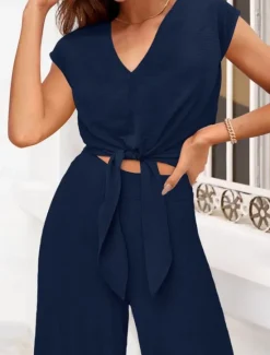 Discount Women's Fashion Streetwear Daily Pants Sets Short Sleeve V Neck Solid Color Lace up Casual Daily Black Dark Navy Navy Blue Summer Regular Fit Women Two Piece Sets