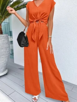 Discount Women's Fashion Streetwear Daily Pants Sets Short Sleeve V Neck Solid Color Lace up Casual Daily Black Dark Navy Navy Blue Summer Regular Fit Women Two Piece Sets
