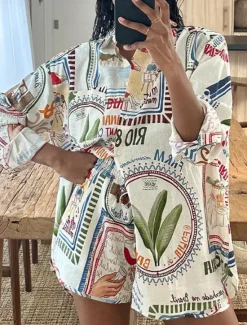 Best Women's Fashion Streetwear Daily Shirt Baggy Shorts Long Sleeve Shirt Collar Floral Print Casual Daily Spring & Fall Regular Fit Women Two Piece Sets
