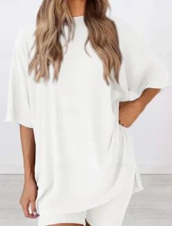 New Women's Fashion Streetwear Daily Shorts Sets Short Sleeve Crew Neck Solid Color Casual Daily Black White Red Summer Loose Fit Women Two Piece Sets