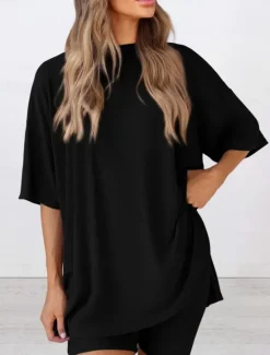 New Women's Fashion Streetwear Daily Shorts Sets Short Sleeve Crew Neck Solid Color Casual Daily Black White Red Summer Loose Fit Women Two Piece Sets