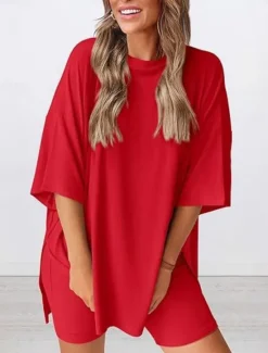 New Women's Fashion Streetwear Daily Shorts Sets Short Sleeve Crew Neck Solid Color Casual Daily Black White Red Summer Loose Fit Women Two Piece Sets
