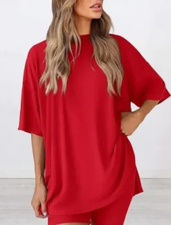 New Women's Fashion Streetwear Daily Shorts Sets Short Sleeve Crew Neck Solid Color Casual Daily Black White Red Summer Loose Fit Women Two Piece Sets