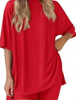 New Women's Fashion Streetwear Daily Shorts Sets Short Sleeve Crew Neck Solid Color Casual Daily Black White Red Summer Loose Fit Women Two Piece Sets