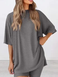 New Women's Fashion Streetwear Daily Shorts Sets Short Sleeve Crew Neck Solid Color Casual Daily Black White Red Summer Loose Fit Women Two Piece Sets
