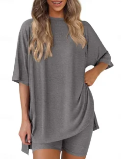 New Women's Fashion Streetwear Daily Shorts Sets Short Sleeve Crew Neck Solid Color Casual Daily Black White Red Summer Loose Fit Women Two Piece Sets