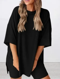 New Women's Fashion Streetwear Daily Shorts Sets Short Sleeve Crew Neck Solid Color Casual Daily Black White Red Summer Loose Fit Women Two Piece Sets