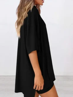 New Women's Fashion Streetwear Daily Shorts Sets Short Sleeve Crew Neck Solid Color Casual Daily Black White Red Summer Loose Fit Women Two Piece Sets