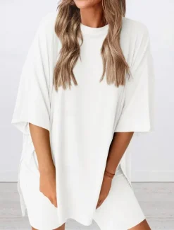 New Women's Fashion Streetwear Daily Shorts Sets Short Sleeve Crew Neck Solid Color Casual Daily Black White Red Summer Loose Fit Women Two Piece Sets