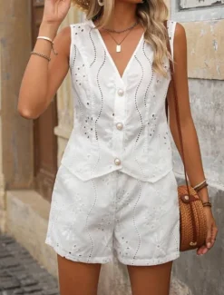 Hot Women's Fashion Streetwear Daily Blouse Baggy Shorts Sleeveless Crew Neck Plain Hole Casual Daily Black White Army Green Summer Regular Fit Women Two Piece Sets