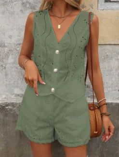 Hot Women's Fashion Streetwear Daily Blouse Baggy Shorts Sleeveless Crew Neck Plain Hole Casual Daily Black White Army Green Summer Regular Fit Women Two Piece Sets