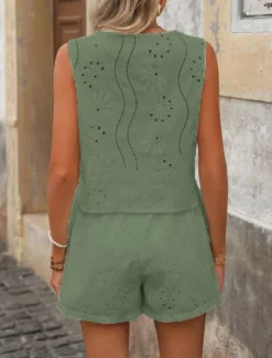 Hot Women's Fashion Streetwear Daily Blouse Baggy Shorts Sleeveless Crew Neck Plain Hole Casual Daily Black White Army Green Summer Regular Fit Women Two Piece Sets