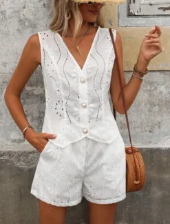 Hot Women's Fashion Streetwear Daily Blouse Baggy Shorts Sleeveless Crew Neck Plain Hole Casual Daily Black White Army Green Summer Regular Fit Women Two Piece Sets