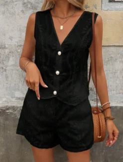 Hot Women's Fashion Streetwear Daily Blouse Baggy Shorts Sleeveless Crew Neck Plain Hole Casual Daily Black White Army Green Summer Regular Fit Women Two Piece Sets