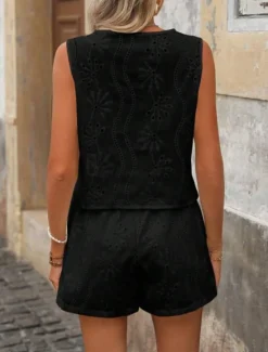 Hot Women's Fashion Streetwear Daily Blouse Baggy Shorts Sleeveless Crew Neck Plain Hole Casual Daily Black White Army Green Summer Regular Fit Women Two Piece Sets