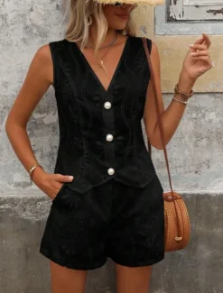 Hot Women's Fashion Streetwear Daily Blouse Baggy Shorts Sleeveless Crew Neck Plain Hole Casual Daily Black White Army Green Summer Regular Fit Women Two Piece Sets