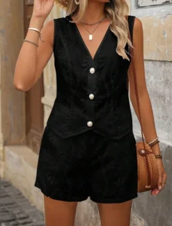 Hot Women's Fashion Streetwear Daily Blouse Baggy Shorts Sleeveless Crew Neck Plain Hole Casual Daily Black White Army Green Summer Regular Fit Women Two Piece Sets