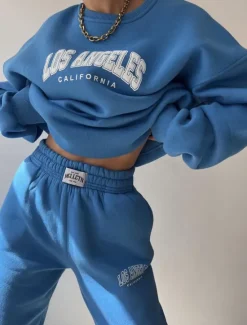 Outlet Women's Fashion Streetwear Daily Sweatshirt Sweatpants Long Sleeve Crew Neck Letter Print Casual Daily Blue Brown Beige Fall Regular Fit Women Two Piece Sets
