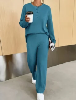 Discount Women's Fashion Streetwear Daily Sweatshirt Sweatpants Long Sleeve Crew Neck Plain Casual Daily Navy Blue Blue Khaki Fall Regular Fit Women Two Piece Sets
