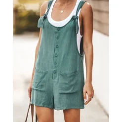 Sale Women's Fashion Streetwear Overalls Short Pants Daily Weekend Inelastic Plain Linen / Cotton Blend Breathable Soft Mid Waist Loose Green Black Army Green Fuchsia Khaki S M L XL XXL Women Jumpsuits