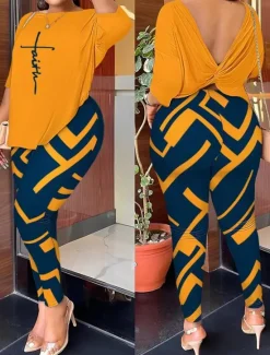 Best Women's Fashion Streetwear Daily T Shirt Tapered pants Long Sleeve Crew Neck Color Block Backless Print Casual Daily White Yellow Beige Summer Regular Fit Women Two Piece Sets