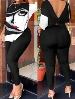 Best Women's Fashion Streetwear Daily T Shirt Tapered pants Long Sleeve Crew Neck Color Block Backless Print Casual Daily White Yellow Beige Summer Regular Fit Women Two Piece Sets