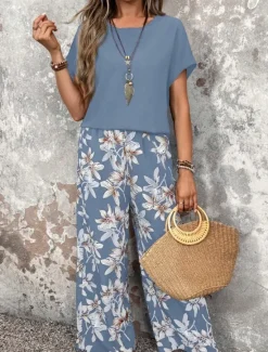 New Women's Fashion Streetwear Daily T Shirt Wide Leg Pants Short Sleeve Crew Neck Floral Drawstring Casual Daily Black Navy Blue Green Summer Regular Fit Women Two Piece Sets