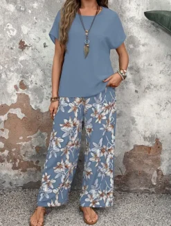 New Women's Fashion Streetwear Daily T Shirt Wide Leg Pants Short Sleeve Crew Neck Floral Drawstring Casual Daily Black Navy Blue Green Summer Regular Fit Women Two Piece Sets