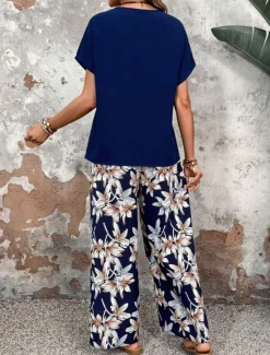 New Women's Fashion Streetwear Daily T Shirt Wide Leg Pants Short Sleeve Crew Neck Floral Drawstring Casual Daily Black Navy Blue Green Summer Regular Fit Women Two Piece Sets