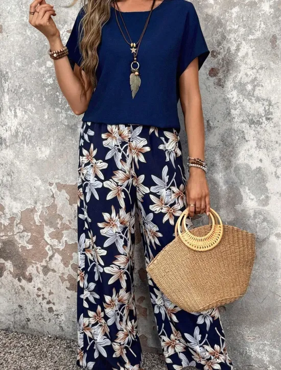 New Women's Fashion Streetwear Daily T Shirt Wide Leg Pants Short Sleeve Crew Neck Floral Drawstring Casual Daily Black Navy Blue Green Summer Regular Fit Women Two Piece Sets