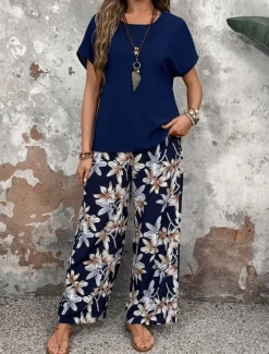 New Women's Fashion Streetwear Daily T Shirt Wide Leg Pants Short Sleeve Crew Neck Floral Drawstring Casual Daily Black Navy Blue Green Summer Regular Fit Women Two Piece Sets