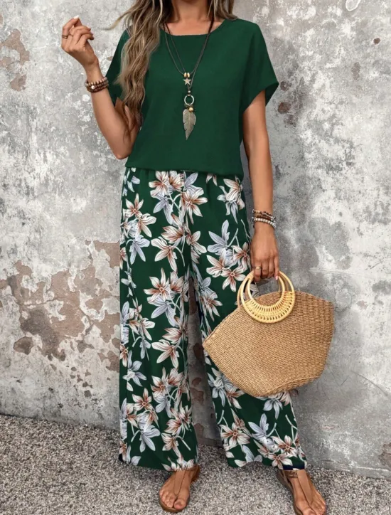 New Women's Fashion Streetwear Daily T Shirt Wide Leg Pants Short Sleeve Crew Neck Floral Drawstring Casual Daily Black Navy Blue Green Summer Regular Fit Women Two Piece Sets