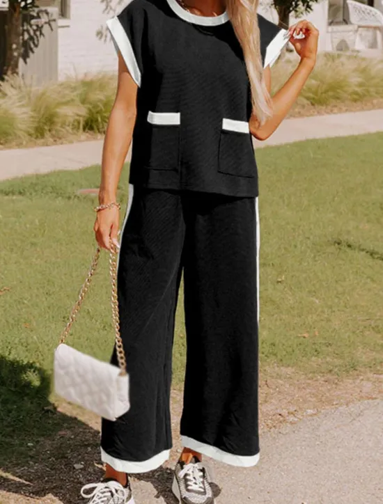 New Women's Fashion Streetwear Daily T Shirt Wide Leg Pants Short Sleeve Crew Neck Plain Casual Daily Black White Summer Regular Fit Women Two Piece Sets