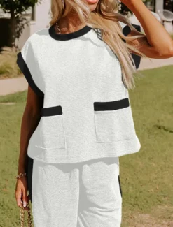 New Women's Fashion Streetwear Daily T Shirt Wide Leg Pants Short Sleeve Crew Neck Plain Casual Daily Black White Summer Regular Fit Women Two Piece Sets
