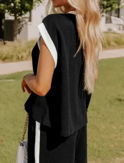 New Women's Fashion Streetwear Daily T Shirt Wide Leg Pants Short Sleeve Crew Neck Plain Casual Daily Black White Summer Regular Fit Women Two Piece Sets