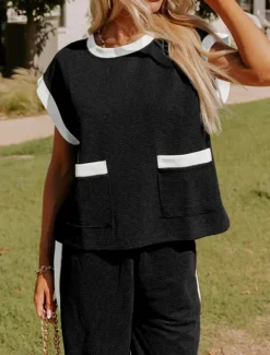 New Women's Fashion Streetwear Daily T Shirt Wide Leg Pants Short Sleeve Crew Neck Plain Casual Daily Black White Summer Regular Fit Women Two Piece Sets