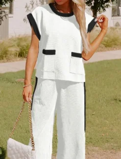 New Women's Fashion Streetwear Daily T Shirt Wide Leg Pants Short Sleeve Crew Neck Plain Casual Daily Black White Summer Regular Fit Women Two Piece Sets