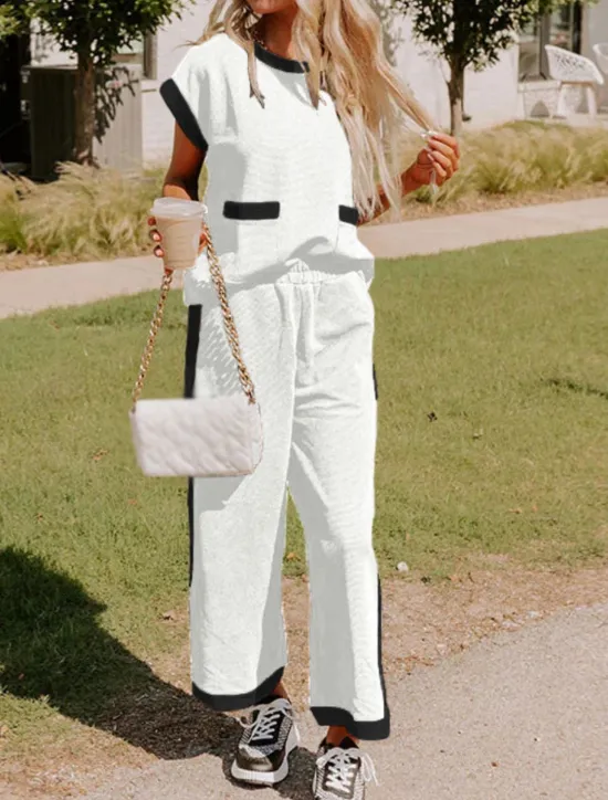 New Women's Fashion Streetwear Daily T Shirt Wide Leg Pants Short Sleeve Crew Neck Plain Casual Daily Black White Summer Regular Fit Women Two Piece Sets