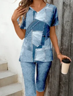 Hot Women's Fashion Stylish T Shirt Shorts Sets Short Sleeve V Neck Graphic Geometric 3D Patchwork Print Casual Daily Black Ink Blue Light Blue Summer Regular Fit Women Two Piece Sets