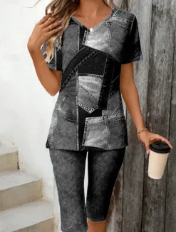 Hot Women's Fashion Stylish T Shirt Shorts Sets Short Sleeve V Neck Graphic Geometric 3D Patchwork Print Casual Daily Black Ink Blue Light Blue Summer Regular Fit Women Two Piece Sets