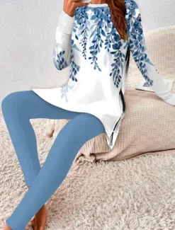 Women's Fashion T Shirt Pants Sets Pants Trousers Long Sleeve Round Neck Graphic Print Casual Daily Navy Blue Blue Brown Spring & Fall Regular Fit Women Two Piece Sets