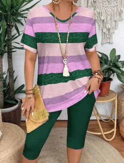 New Women's Fashion T Shirt Shorts Sets Short Sleeve V Neck Graphic Striped Print Casual Daily Pink Purple Green Summer Regular Fit Women Two Piece Sets