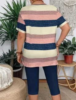 New Women's Fashion T Shirt Shorts Sets Short Sleeve V Neck Graphic Striped Print Casual Daily Pink Purple Green Summer Regular Fit Women Two Piece Sets